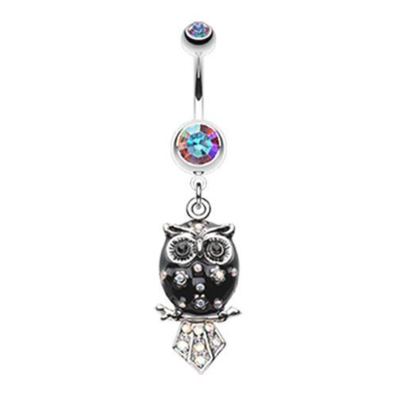 Aurora Borealis/Black Sweet Blossom Owl Dangle Belly Ring 14G (1.6mm) Length: 3/8″ (10mm)