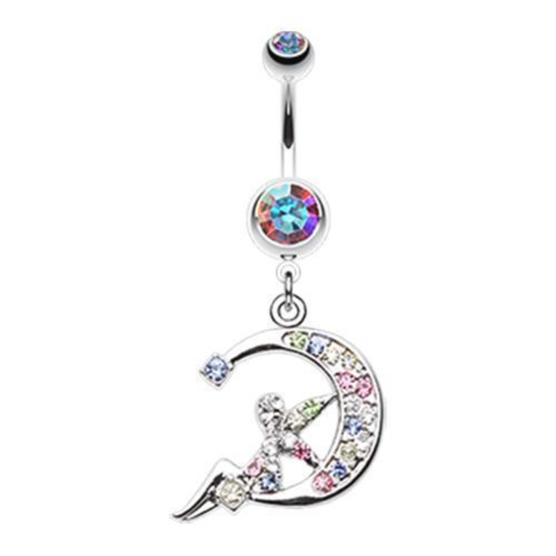 Aurora Borealis Crescent Moon Fairy Dangle Belly Ring 14G (1.6mm) Length: 3/8″ (10mm)