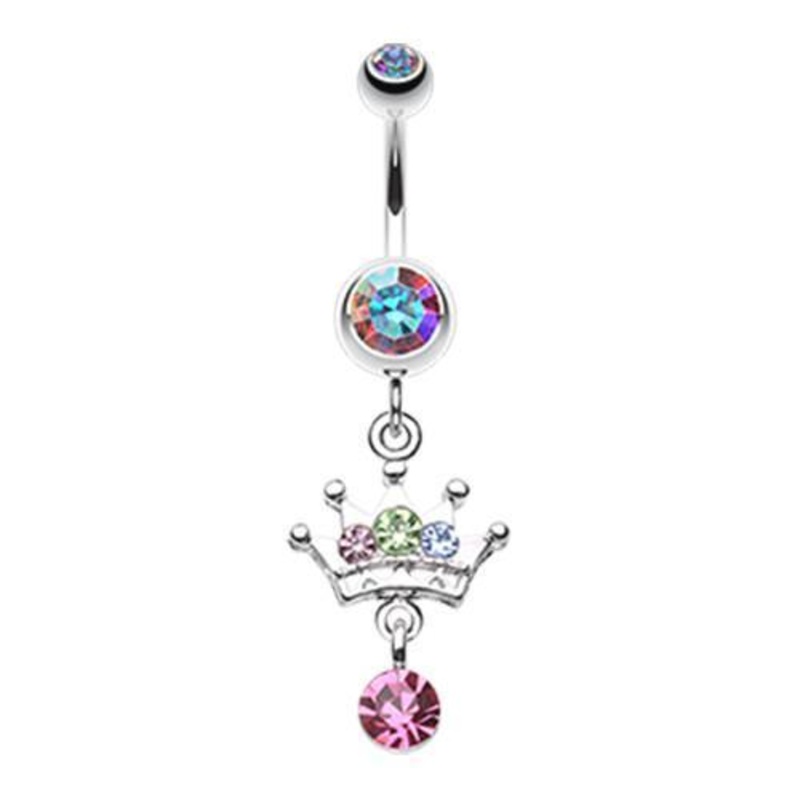Aurora Borealis Crown Sparkle Dangle Belly Ring 14G (1.6mm) Length: 3/8″ (10mm)