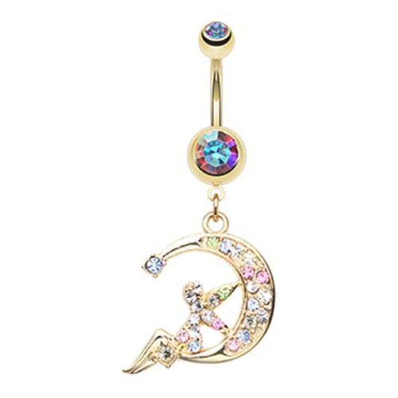 Aurora Borealis Golden Crescent Moon Fairy Dangle Belly Ring 14G (1.6mm) Length: 3/8″ (10mm)