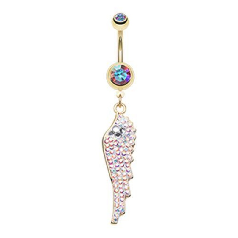 Aurora Borealis Golden Divine Angelic Wing Dangle Belly Ring 14G (1.6mm) Length: 3/8″ (10mm)