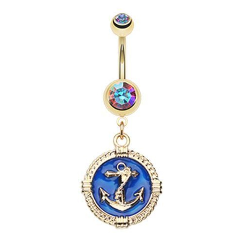 Aurora Borealis Golden Marine Anchor Rivet Dangle Belly Ring 14G (1.6mm) Length: 3/8″ (10mm)