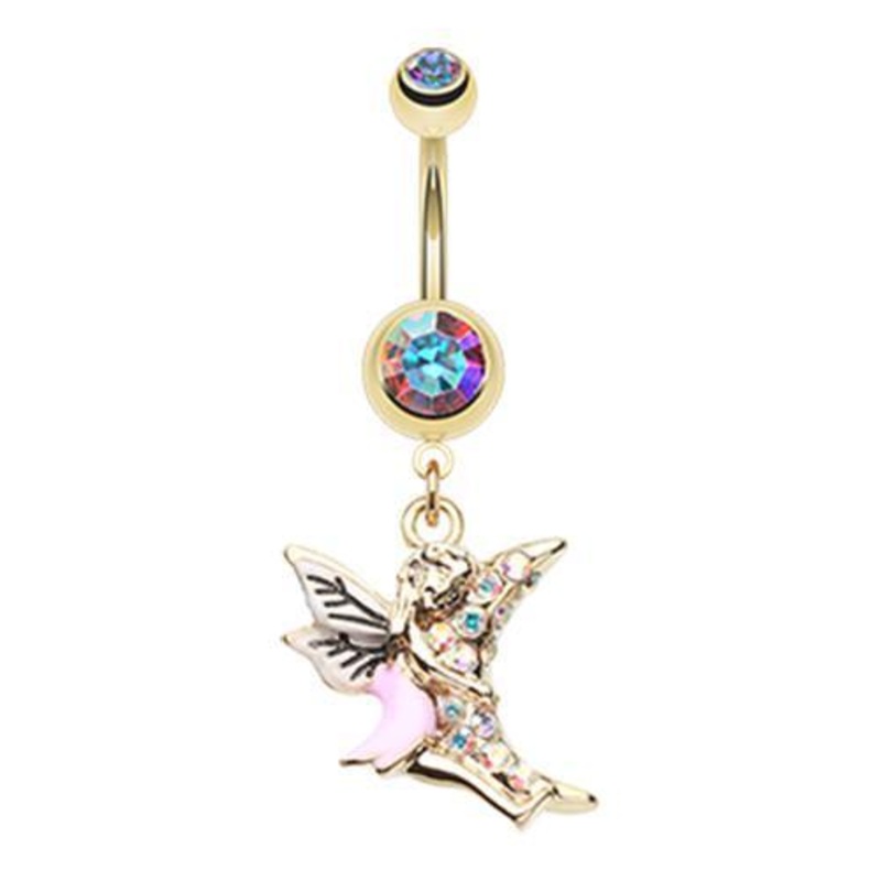 Aurora Borealis Golden Moon Hugging Fairy Dangle Belly Ring 14G (1.6mm) Length: 3/8″ (10mm)