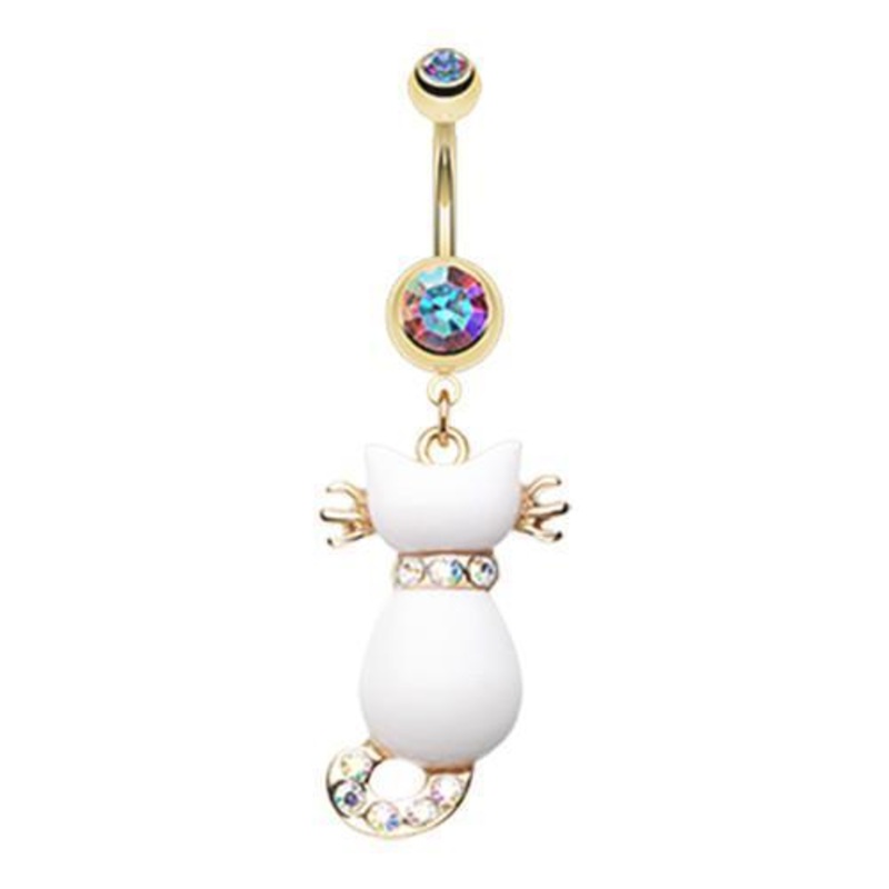 Aurora Borealis Golden Sassy White Kitty Cat Dangle Belly Ring 14G (1.6mm) Length: 3/8″ (10mm)
