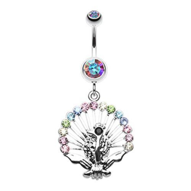 Aurora Borealis Peacock Gleam Dangle Belly Ring 14G (1.6mm) Length: 3/8″ (10mm)