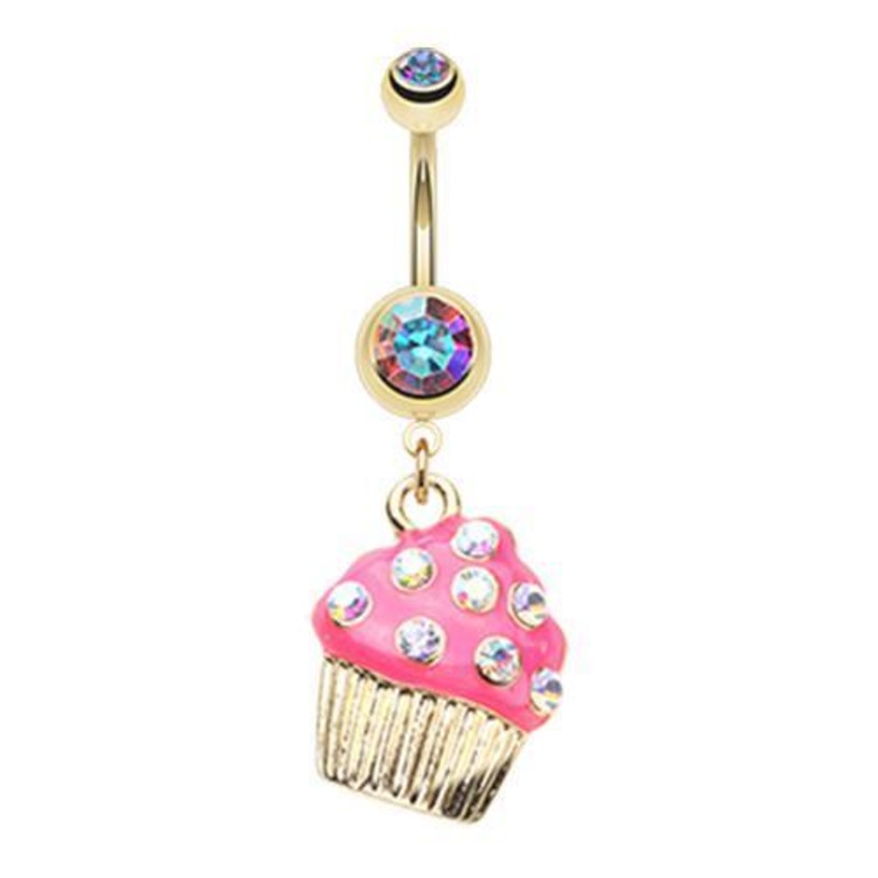 Aurora Borealis/Pink Sweet Frosted Cupcake Dangle Belly Ring 14G (1.6mm) Length: 3/8″ (10mm)
