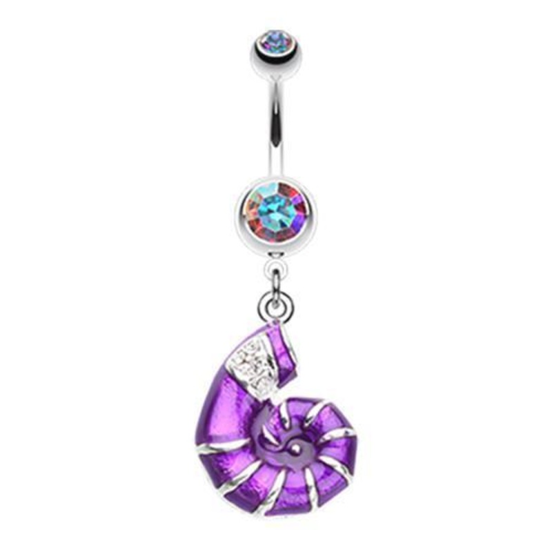 Aurora Borealis/Purple Vibrant Nautilus Seashell Dangle Belly Ring 14G (1.6mm) Length: 3/8″ (10mm)