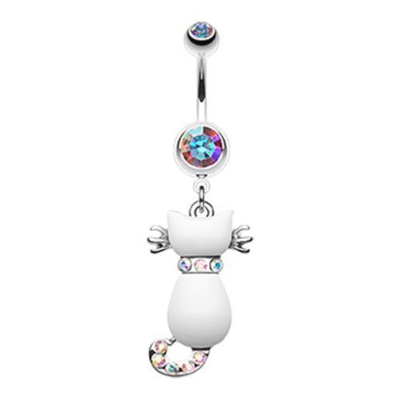 Aurora Borealis Sassy White Kitty Cat Dangle Belly Ring 14G (1.6mm) Length: 3/8″ (10mm)