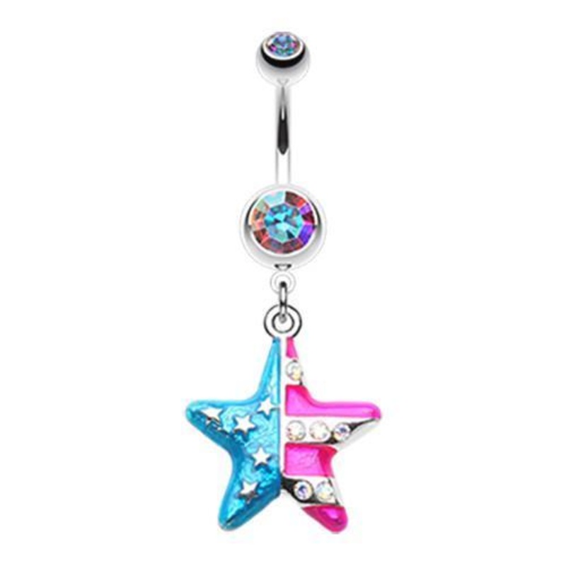 Aurora Borealis The American Star Flag Dangle Belly Ring 14G (1.6mm) Length: 3/8″ (10mm)