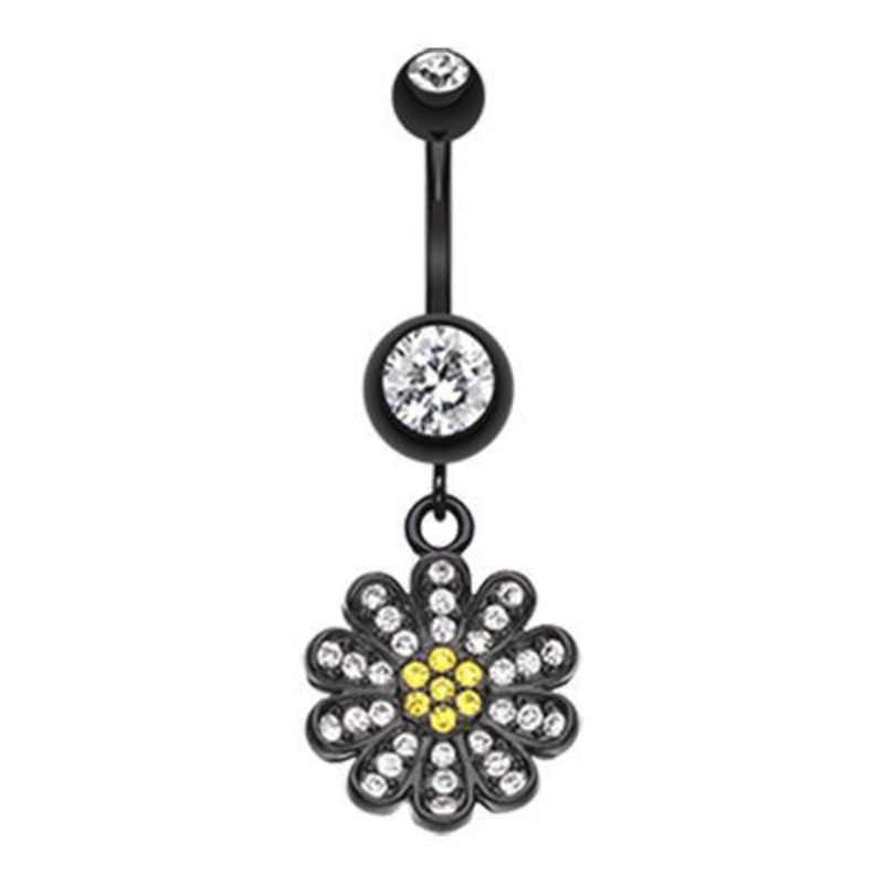 Black/Clear Black Flower Sparkle Dangle Belly Ring 14G (1.6mm) Length: 3/8″ (10mm)