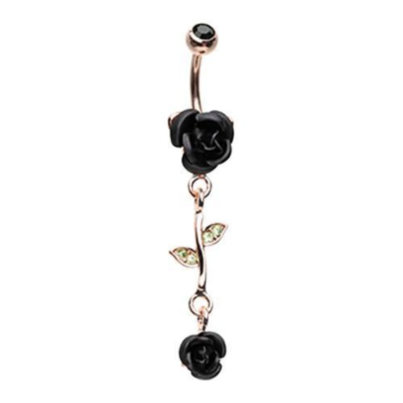 Black Rose Gold Bright Metal Rose Dangle Belly Ring 14G (1.6mm) Length: 3/8″ (10mm)