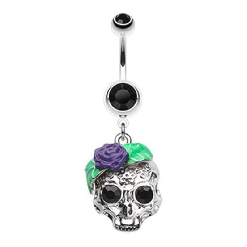 Black Rose Ornate Sugar Skull Dangle Belly Ring 14G (1.6mm) Length: 3/8″ (10mm)