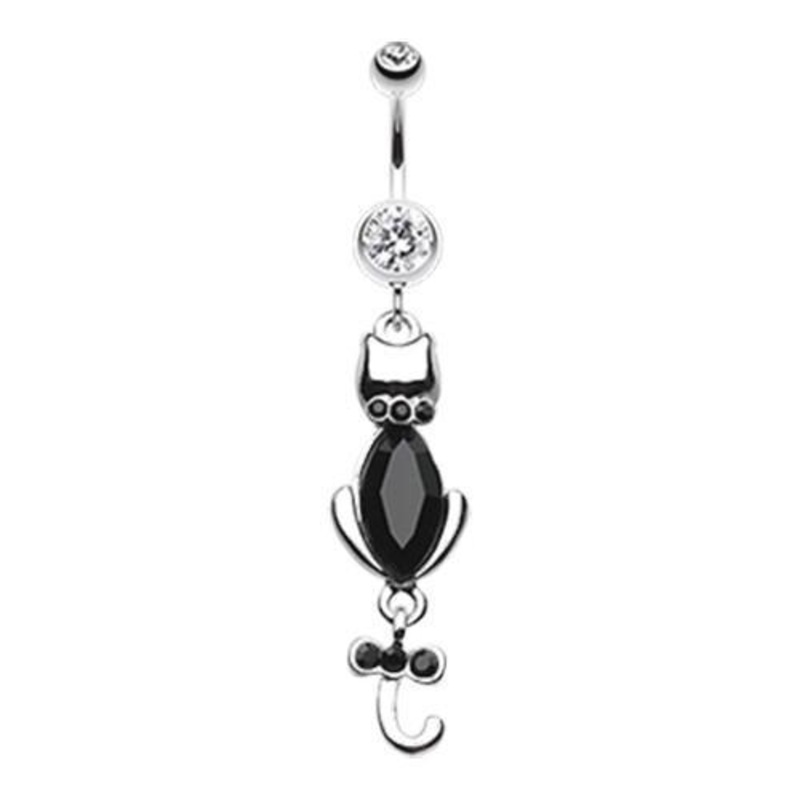 Black Sassy Kitty Dangle Belly Ring 14G (1.6mm) Length: 3/8″ (10mm)