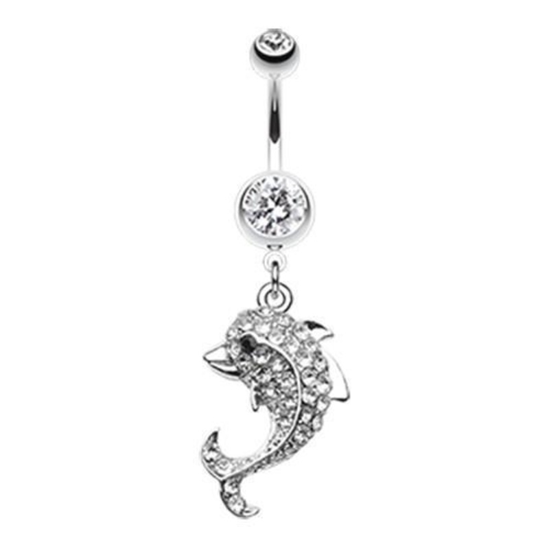 Clear Baby Dolphin Dangle Belly Ring 14G (1.6mm) Length: 3/8″ (10mm)