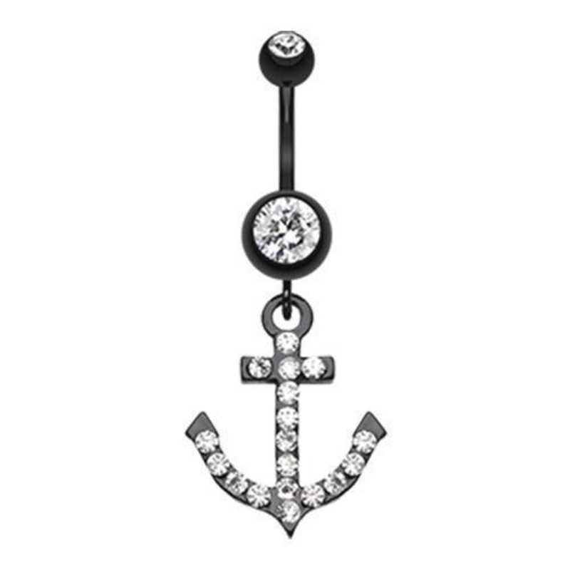 Clear Black Anchor Gem Sparkle Dangle Belly Ring 14G (1.6mm) Length: 3/8″ (10mm)