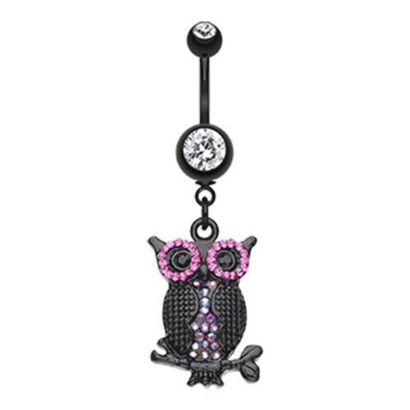 Clear Black Dazzle Owl Dangle Belly Ring 14G (1.6mm) Length: 3/8″ (10mm)