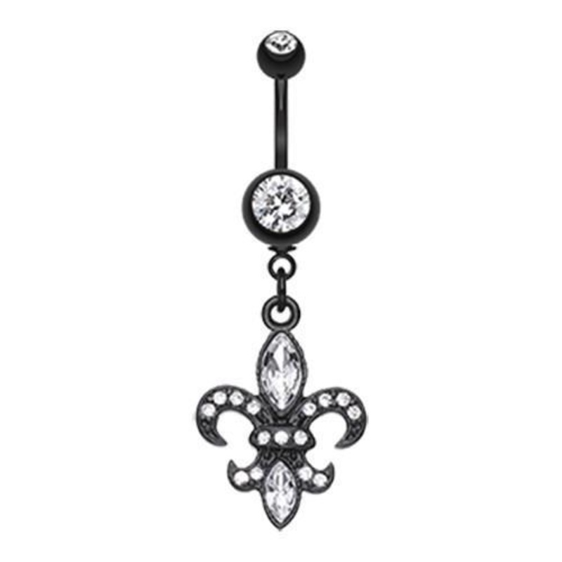 Clear Black Fleur De Lis Dangle Belly Ring 14G (1.6mm) Length: 3/8″ (10mm)