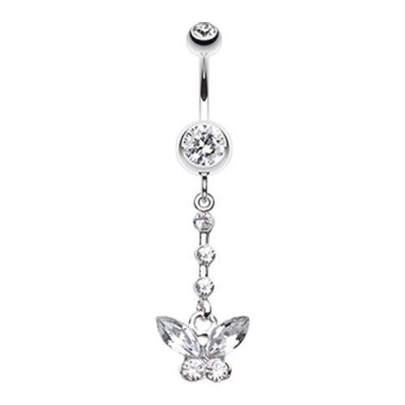 Clear Butterfly Sparkly Dangle Belly Ring 14G (1.6mm) Length: 3/8″ (10mm)