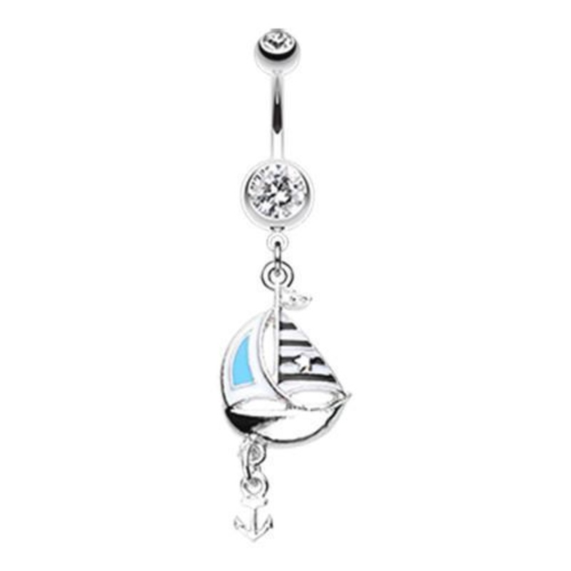 Clear Classic Sail Boat Anchor Dangle Belly Ring 14G (1.6mm) Length: 3/8″ (10mm)