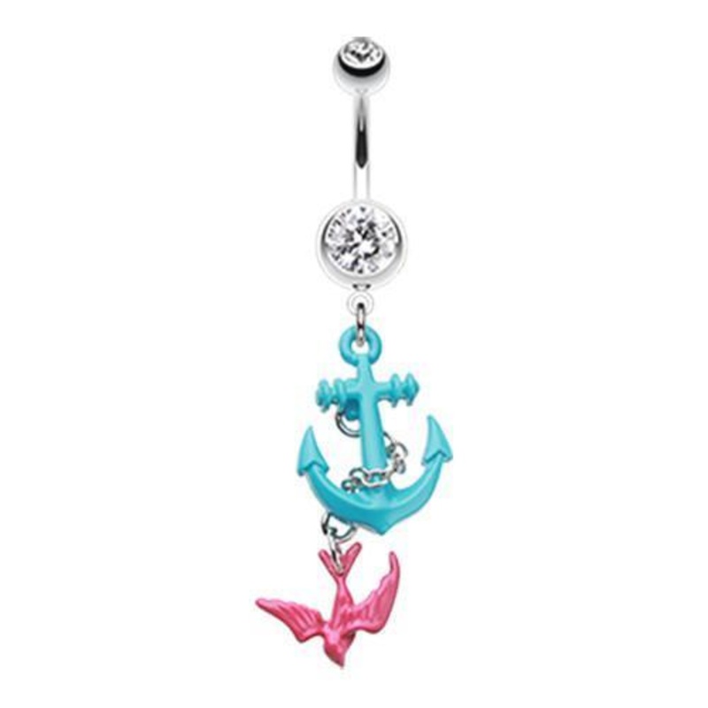 Clear Classic Sparrow Anchor Dangle Belly Ring 14G (1.6mm) Length: 3/8″ (10mm)