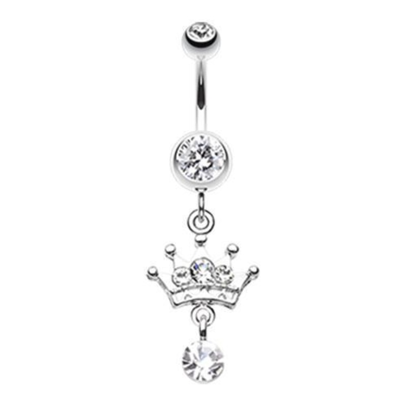 Clear Crown Sparkle Dangle Belly Ring 14G (1.6mm) Length: 3/8″ (10mm)