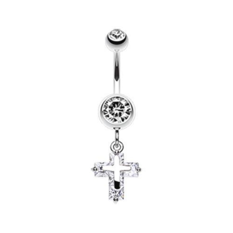 Clear Dainty Cross Sparkle Dangle Belly Ring 14G (1.6mm) Length: 3/8″ (10mm)