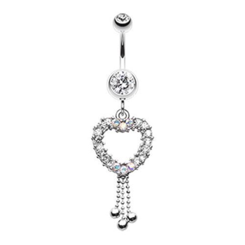 Clear Dainty Dazzle Heart Dangle Belly Ring 14G (1.6mm) Length: 3/8″ (10mm)