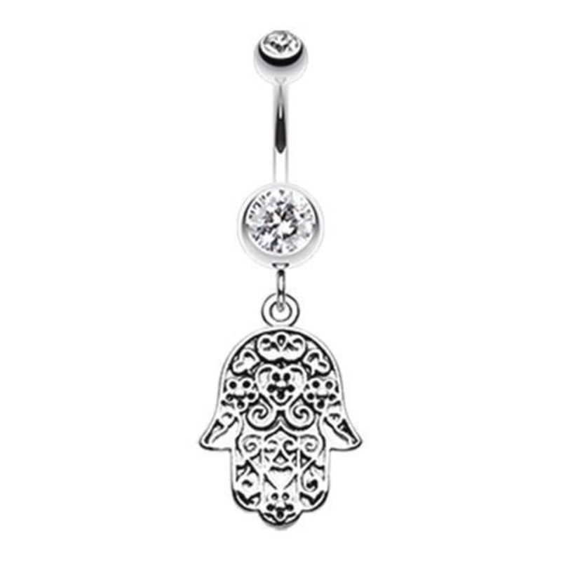 Clear Floral Filigree Hamsa Dangle Belly Ring 14G (1.6mm) Length: 3/8″ (10mm)