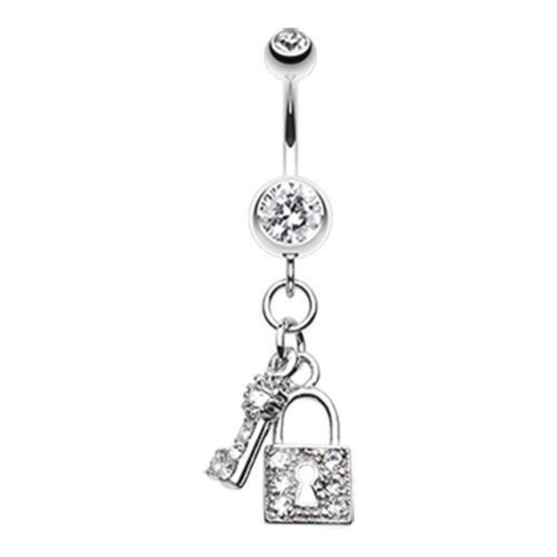 Clear Glistening Lock and Key Dangle Belly Ring 14G (1.6mm) Length: 3/8″ (10mm)