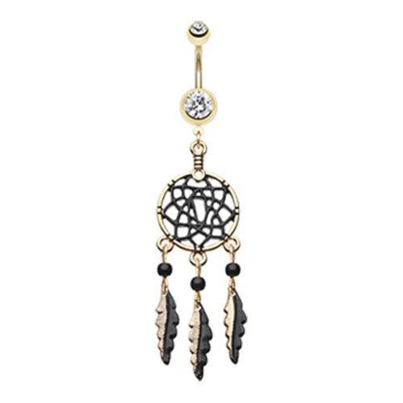 Clear Golden Black Dreamcatcher Dangle Belly Ring 14G (1.6mm) Length: 3/8″ (10mm)