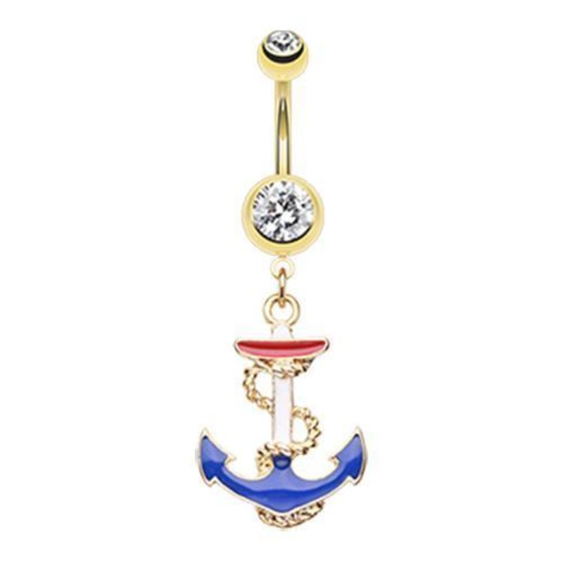 Clear Golden Classic Euro Anchor Dangle Belly Ring 14G (1.6mm) Length: 3/8″ (10mm)