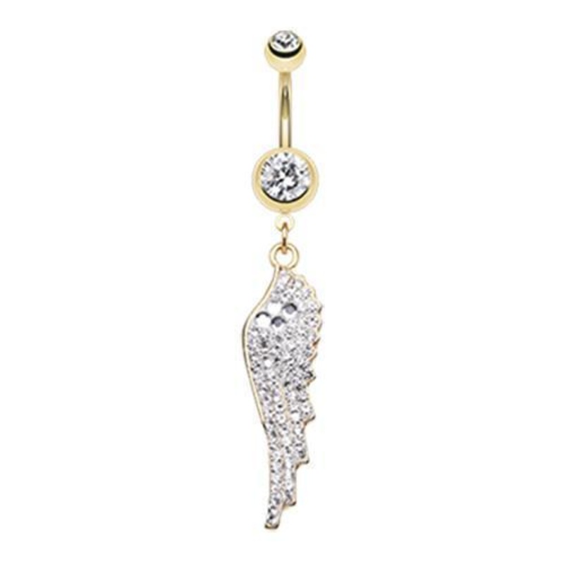 Clear Golden Divine Angelic Wing Dangle Belly Ring 14G (1.6mm) Length: 3/8″ (10mm)