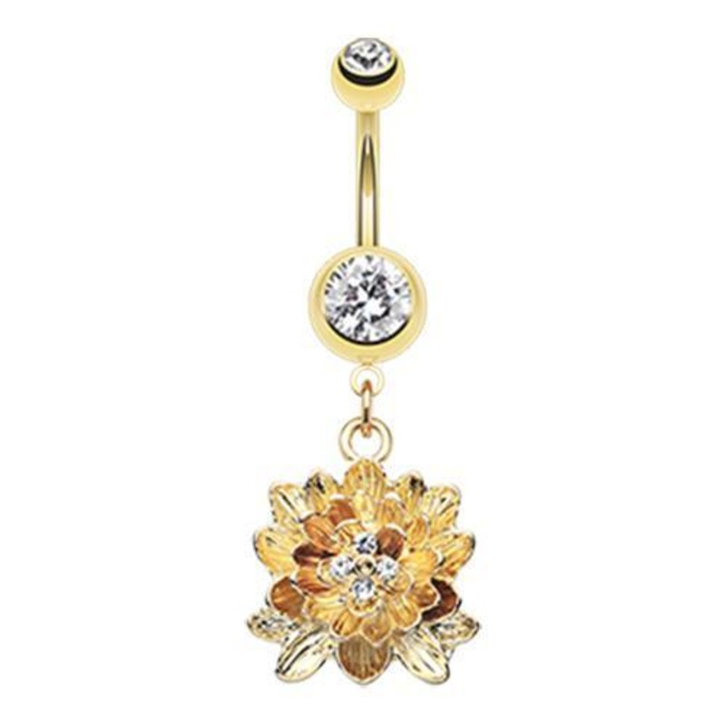 Clear Golden Divine Lotus Dangle Belly Ring 14G (1.6mm) Length: 3/8″ (10mm)