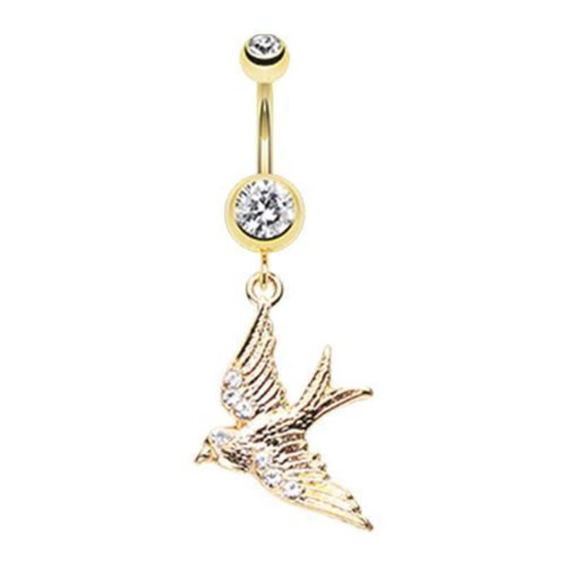 Clear Golden Flying Swallow Sparkle Dangle Belly Ring 14G (1.6mm) Length: 3/8″ (10mm)