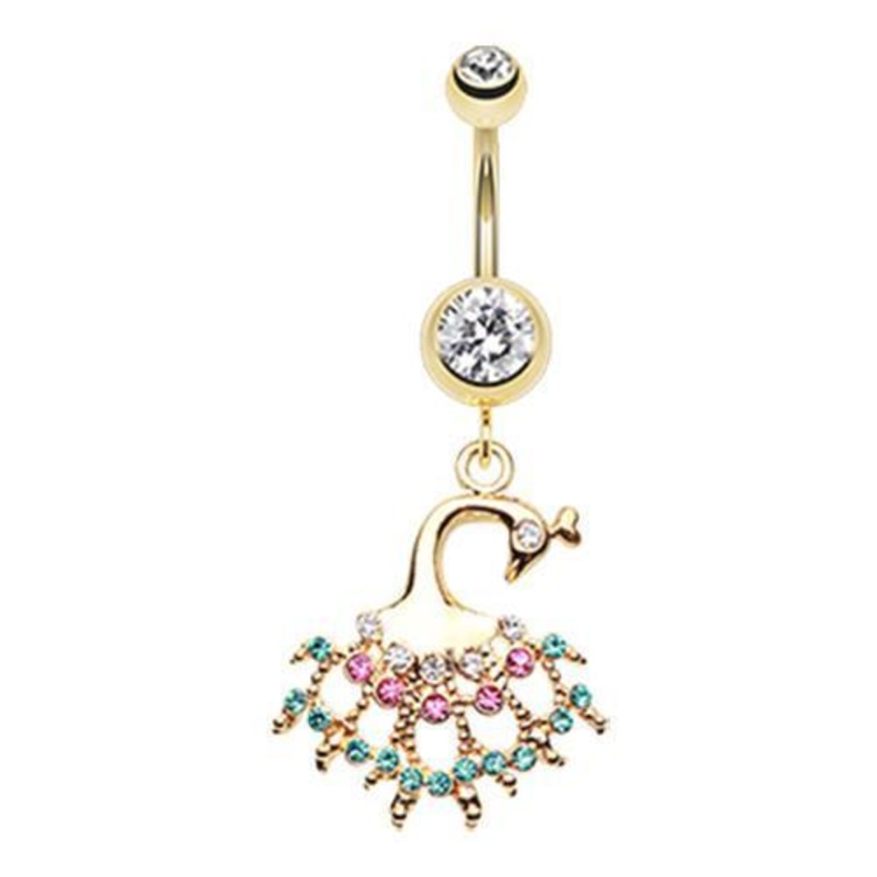 Clear Golden Peacock Dance Dangle Belly Ring 14G (1.6mm) Length: 3/8″ (10mm)