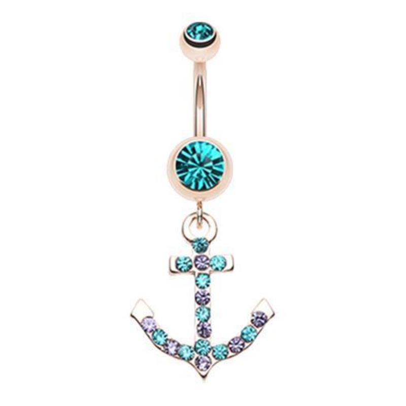 Teal/Tanzanite Rose Gold Anchor Dapple Sparkle Dangle Belly Ring 14G (1.6mm) Length: 3/8″ (10mm)