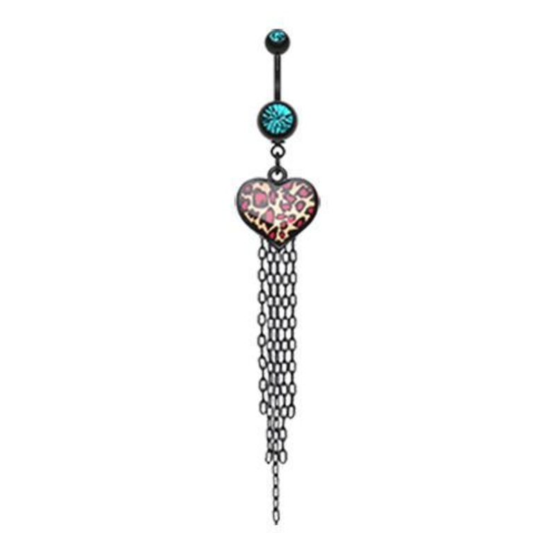 Teal Wild Leopard Heart Dangle Belly Ring 14G (1.6mm) Length: 3/8″ (10mm)