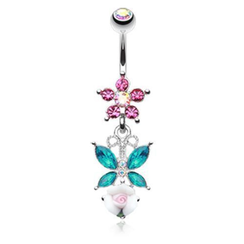 Aurora Borealis Butterfly Flower Garden Dangle Belly Ring 14G (1.6mm) Length: 3/8″ (10mm)
