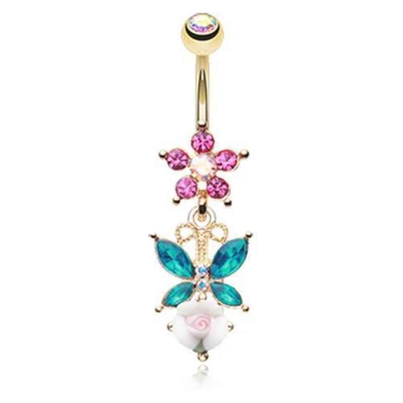 Aurora Borealis Golden Butterfly Flower Garden Dangle Belly Ring 14G (1.6mm) Length: 3/8″ (10mm)