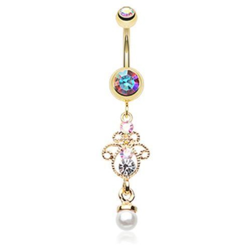 Aurora Borealis Golden Elegant Jeweled Pearl Dangle Belly Ring 14G (1.6mm) Length: 3/8″ (10mm)
