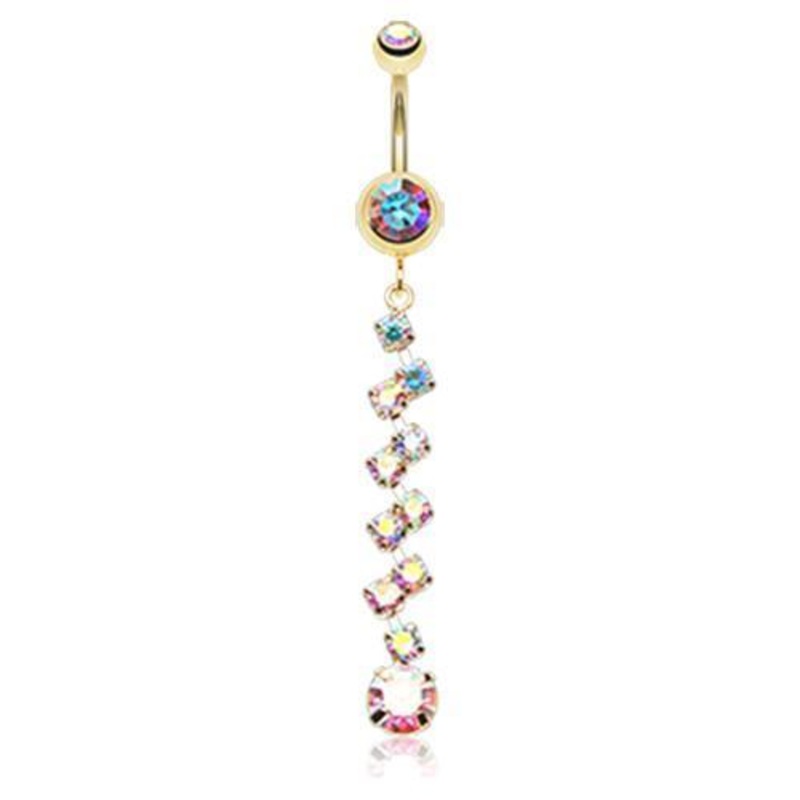 Aurora Borealis Golden Journey Tier Sparkle Dangle Belly Ring 14G (1.6mm) Length: 3/8″ (10mm)
