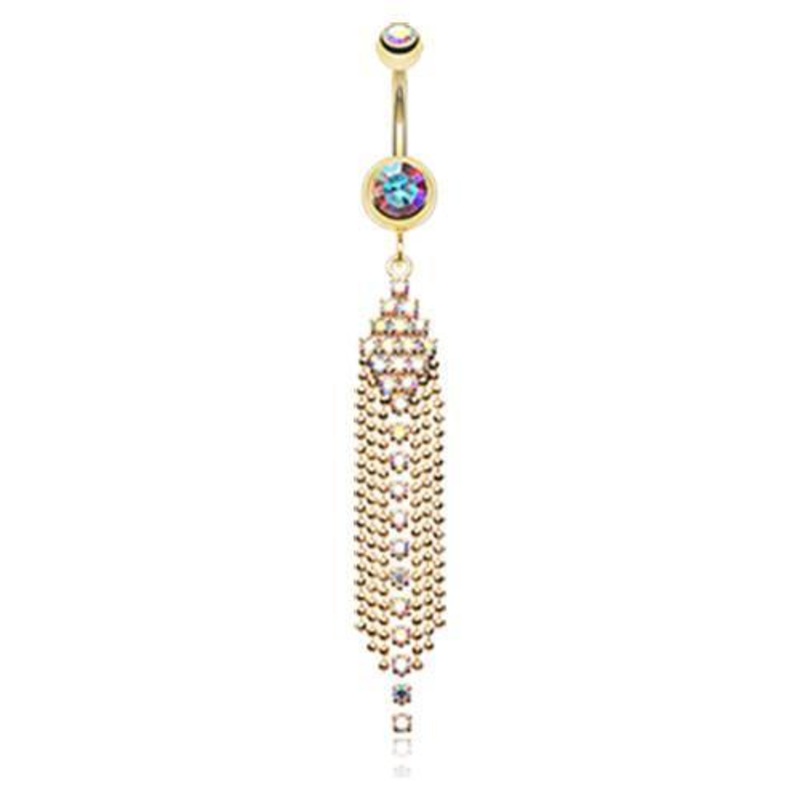 Aurora Borealis Golden Sparkle Showers Dangle Belly Ring 14G (1.6mm) Length: 3/8″ (10mm)