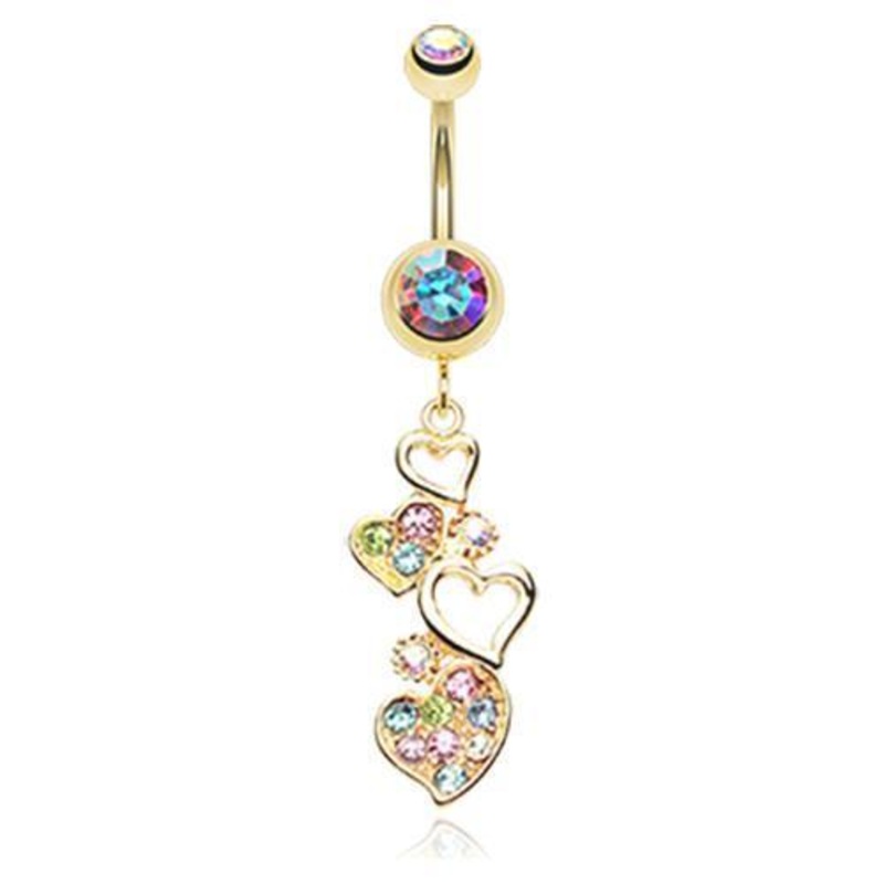 Aurora Borealis Golden Sparkling Heart Cluster Dangle Belly Ring 14G (1.6mm) Length: 3/8″ (10mm)