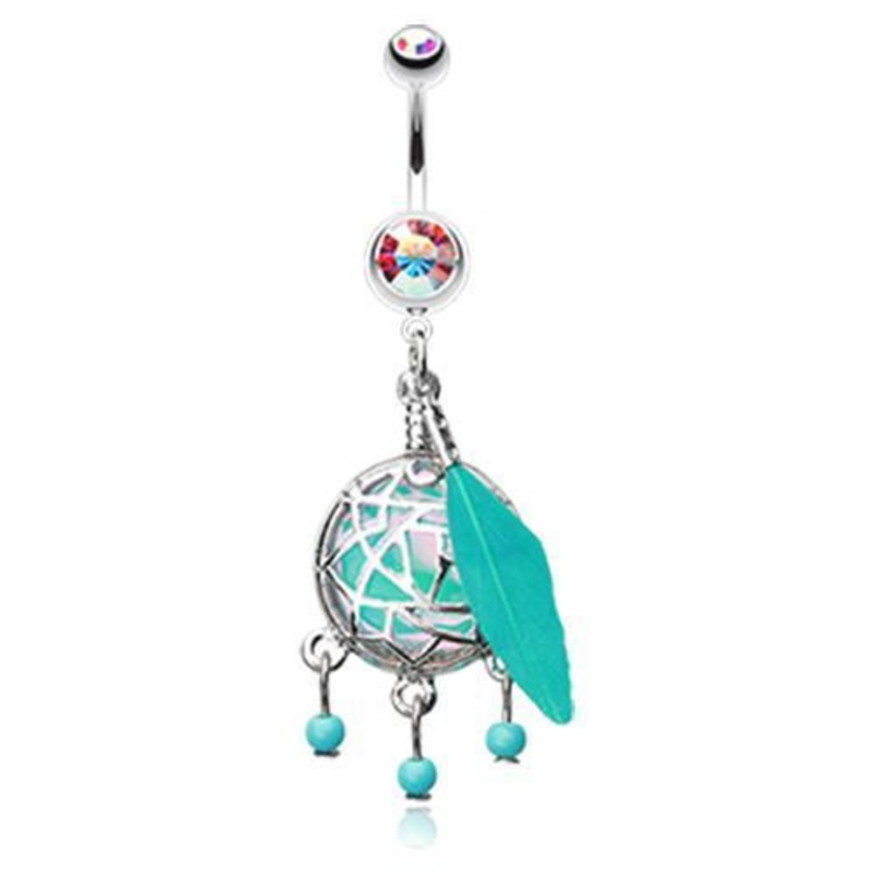 Aurora Borealis Opal Sparkle Dreamcatcher Dangle Belly Ring 14G (1.6mm) Length: 3/8″ (10mm)