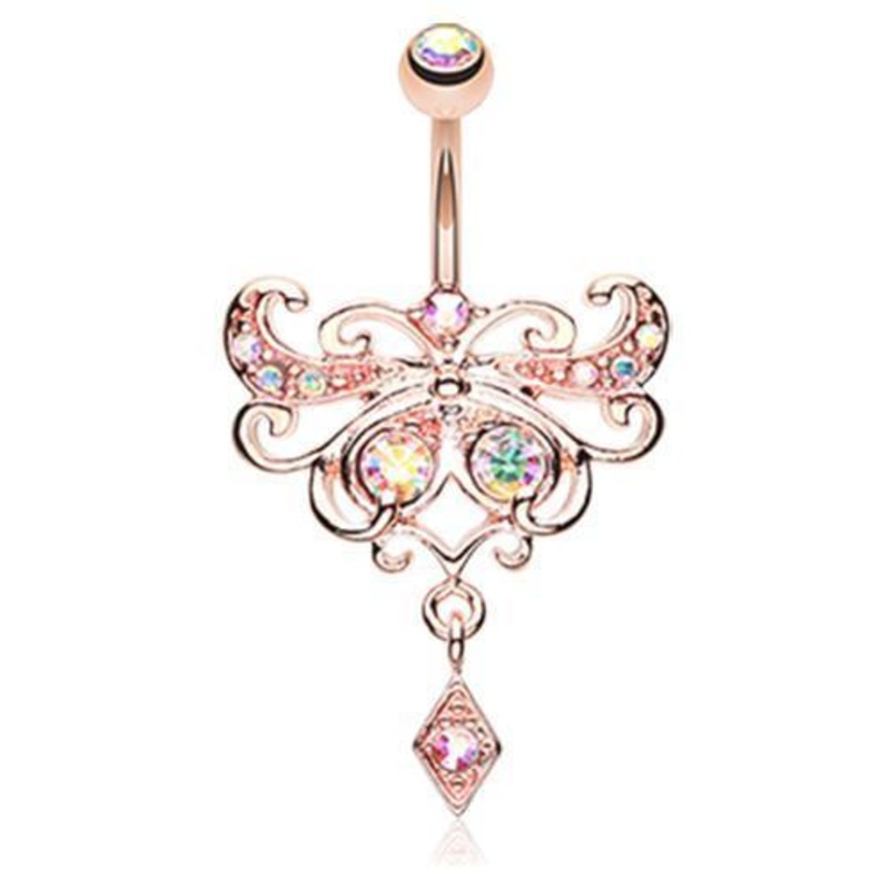 Aurora Borealis Rose Gold Butterfly Glorieux Dangle Belly Ring 14G (1.6mm) Length: 3/8″ (10mm)