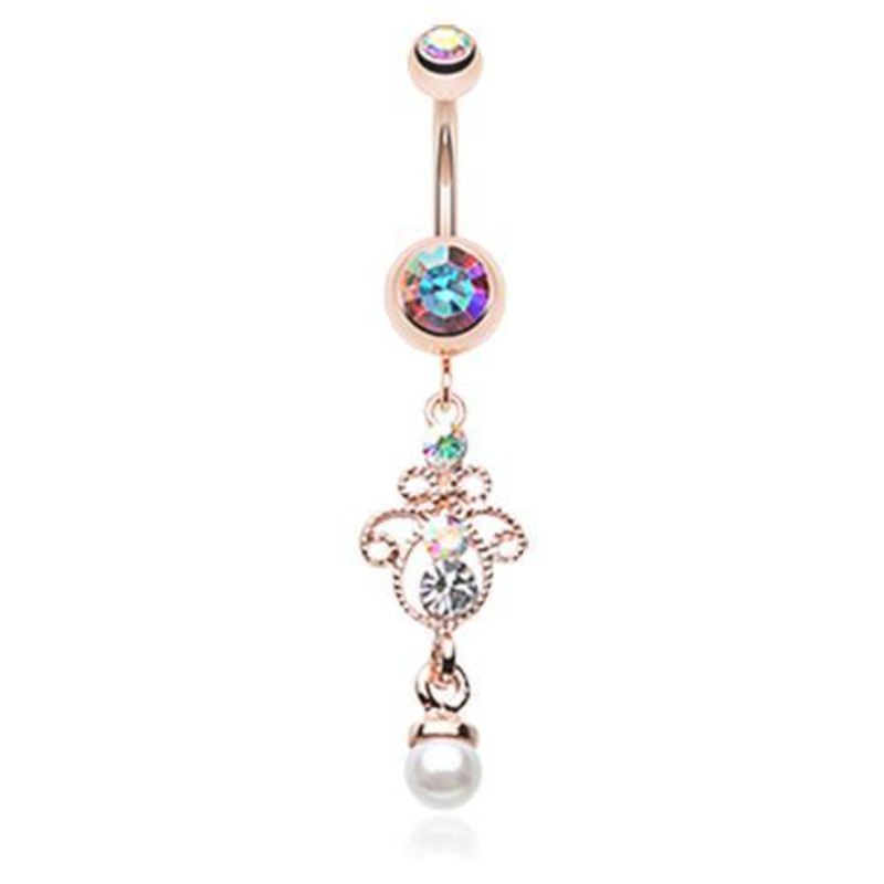 Aurora Borealis Rose Gold Elegant Jeweled Pearl Dangle Belly Ring 14G (1.6mm) Length: 3/8″ (10mm)
