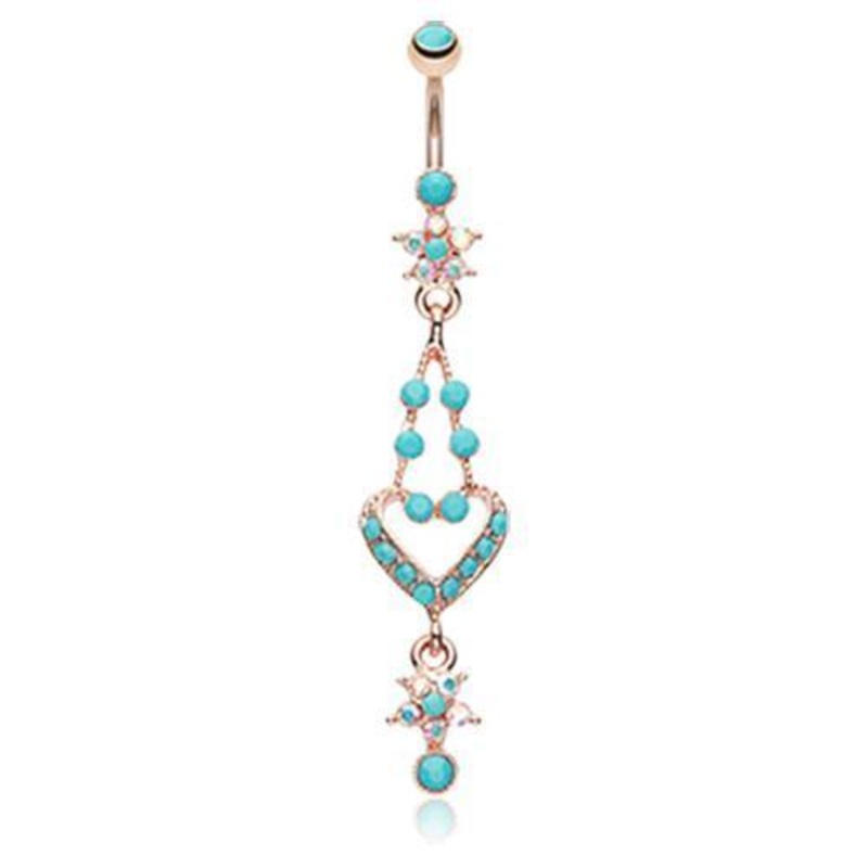 Aurora Borealis Rose Gold Flora Heart Dangle Belly Ring 14G (1.6mm) Length: 3/8″ (10mm)