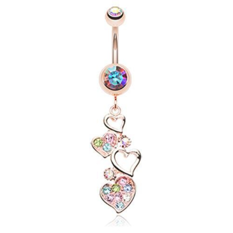 Aurora Borealis Rose Gold Sparkling Heart Cluster Dangle Belly Ring 14G (1.6mm) Length: 3/8″ (10mm)