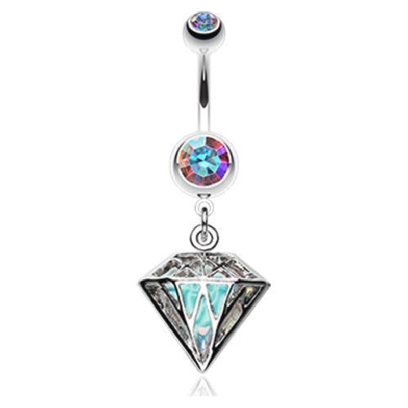 Aurora Borealis Urban Iridescent Diamond Dangle Belly Ring 14G (1.6mm) Length: 3/8″ (10mm)