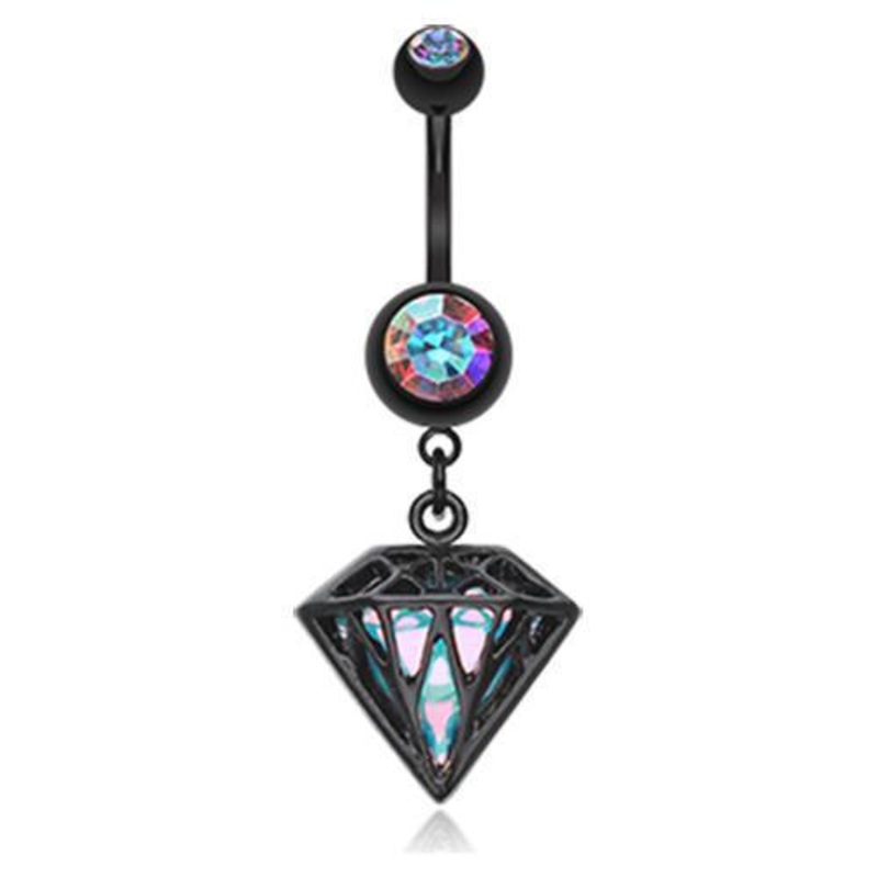 Black/Aurora Borealis Urban Irisdescent Diamond Dangle Belly Ring 14G (1.6mm) Length: 3/8″ (10mm)